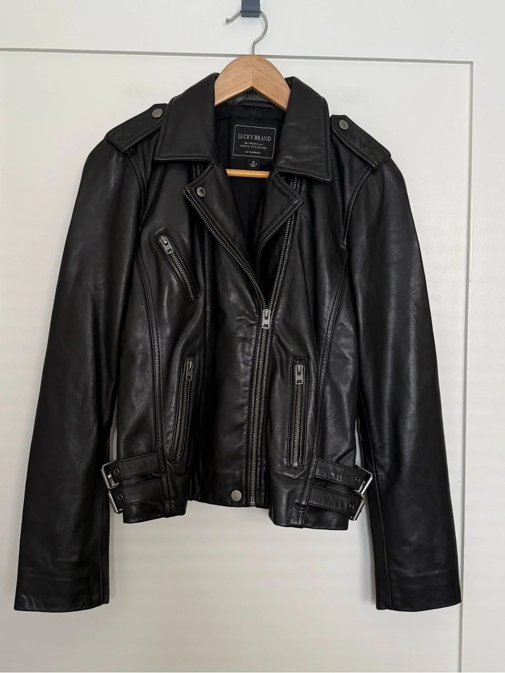 Lucky Brand Moto Jacket Womens Sz S Black Lamb Leather Zip Biker Motorcycle